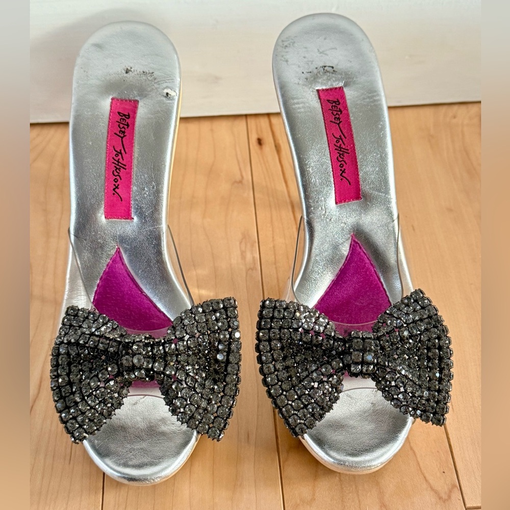 Betsey Johnson Polly Silver Heels with Black Rhinestone Bow - Picture 6 of 10